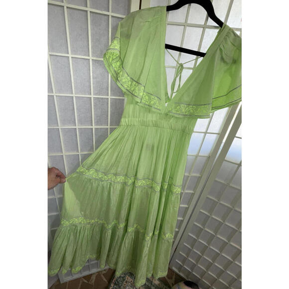 Pranella Embroidered Tiered Flutter Sleeve Floral Boho Beach Designer Dress S/M - Picture 3 of 15